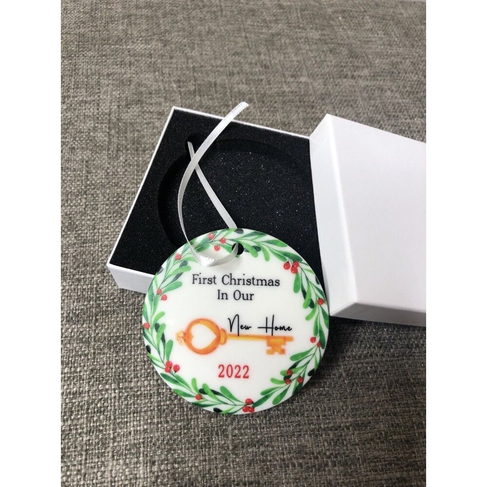 First Christmas in Our New Home 2022 Key Holly Holiday Tree Ceramic Ornament